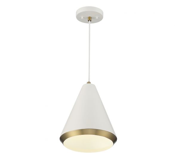 1-Light Pendant in White with Natural Brass